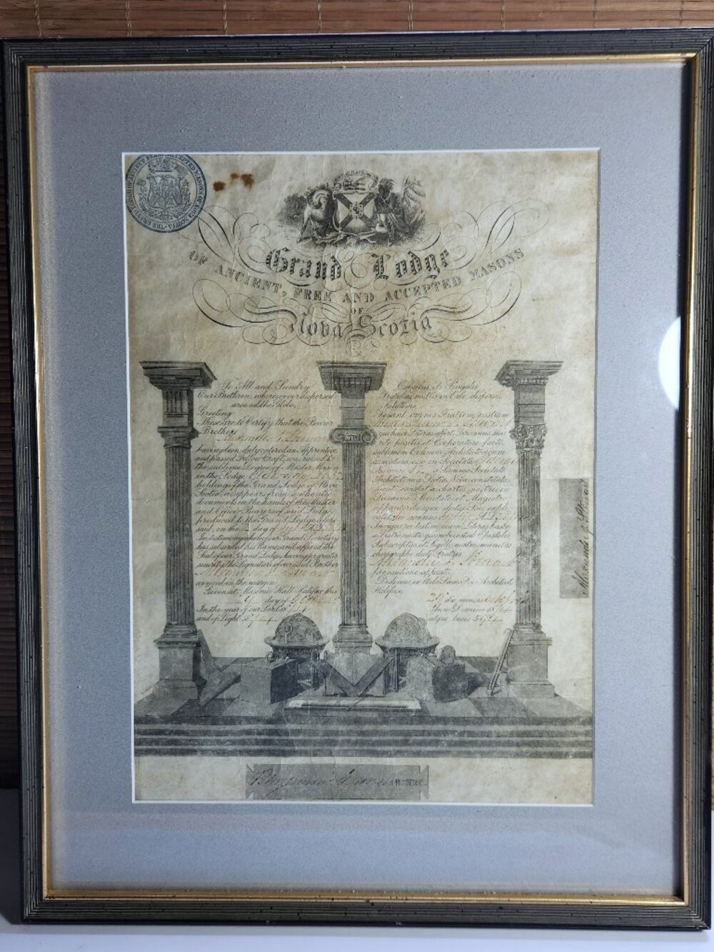Grand Lodge Nova Scotia Antique Framed Vellum Masonic Certificate Baddeck Lodge